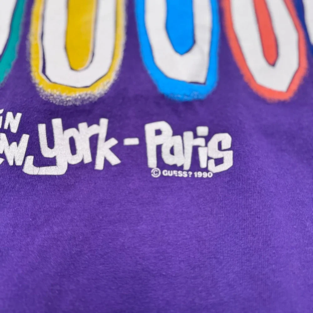 Vintage 1990 Guess Georges Marciano Purple Graphic T-Shirt New York Paris USA M - Picture 5 of 7